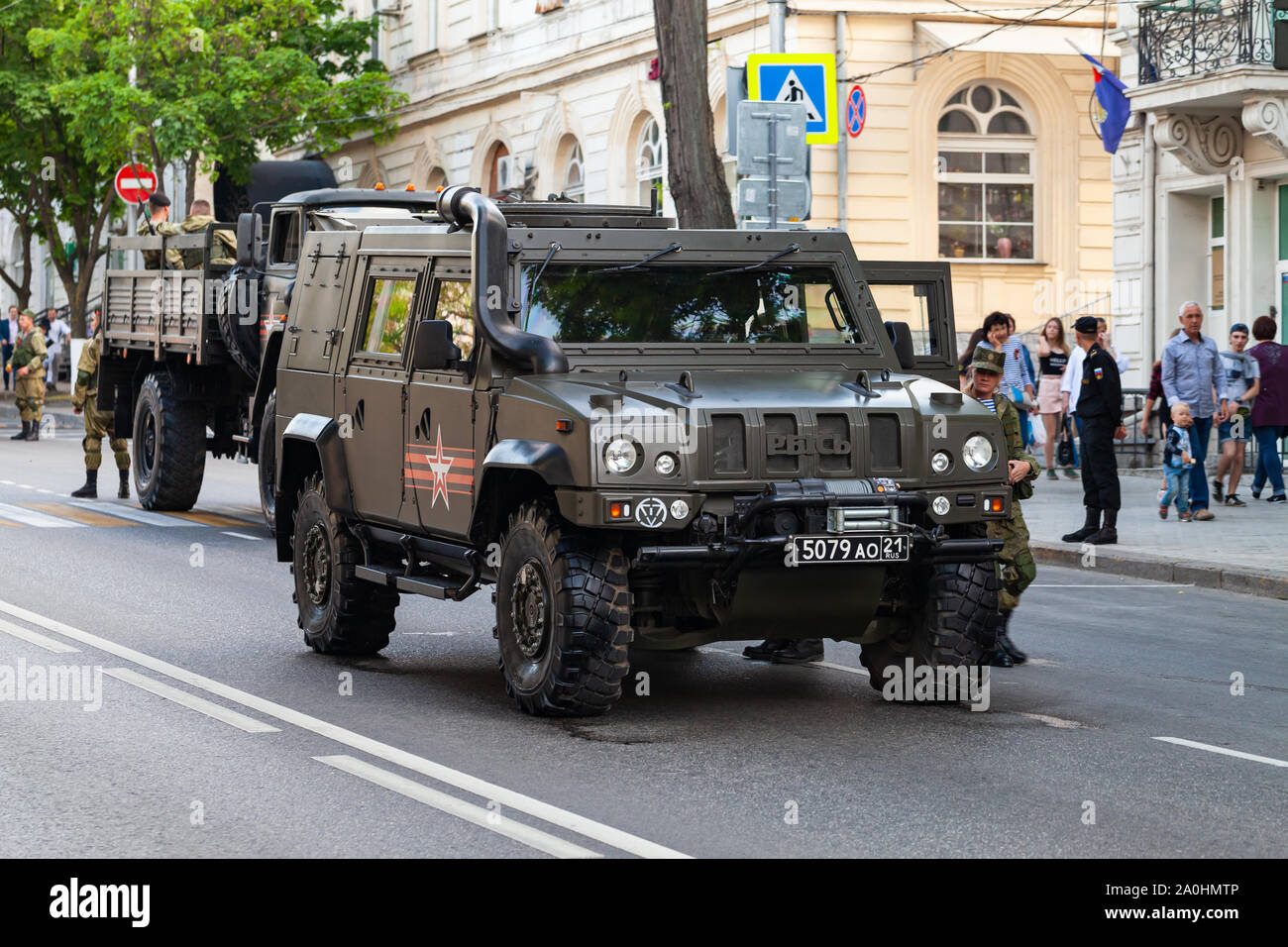 Sevastopol, Crimea - May 5, 2018: Iveco LMV military car stands on a street. This Light Multirole Vehicle is a 4WD tactical vehicle developed by Iveco Stock Photo