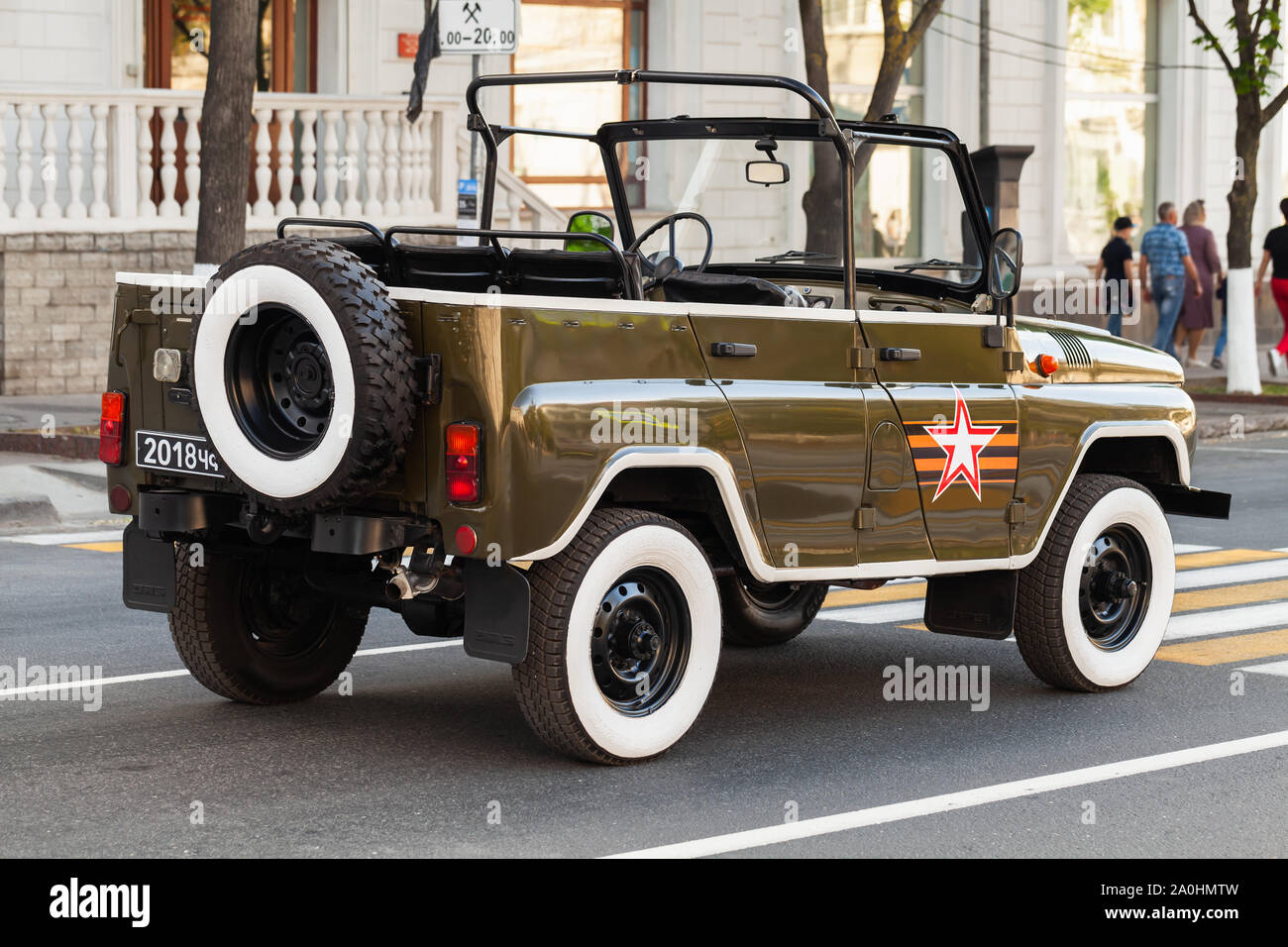 Sevastopol, Crimea - May 5, 2018: UAZ-469 stands on a street, it is an off-road Russian military light utility vehicle manufactured by UAZ. Rear view Stock Photo