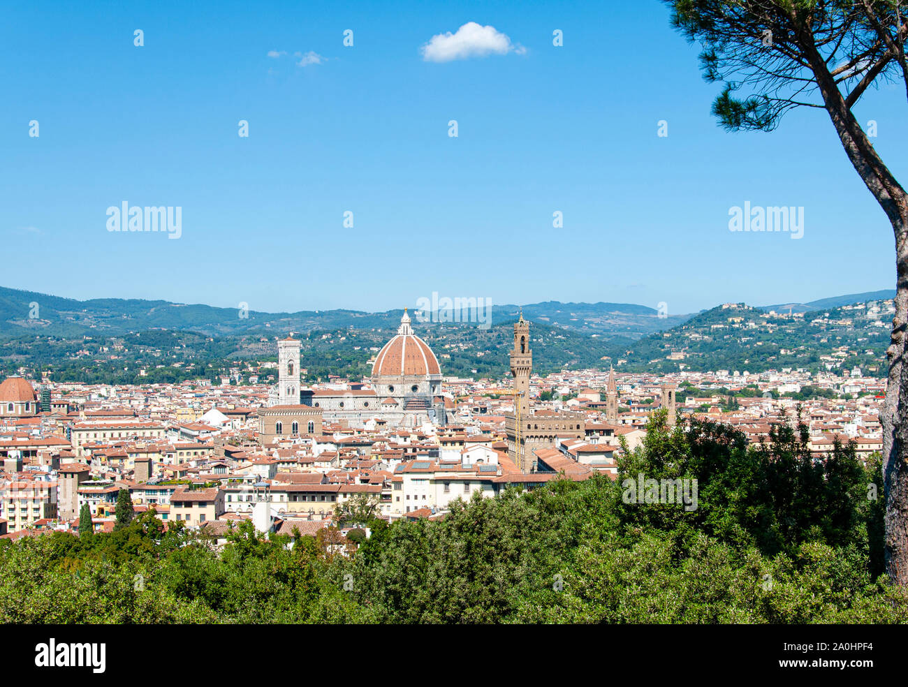 Florence skyline with the Cathedral seen from Forte Belvedere, a high panoramic view in the city. Stock Photo