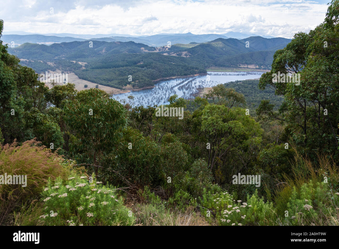 View over Jamieson River in Victoria, Australia. The river rises in Alpine National Park and flows into the Goulburn River at the town of Jamieson. Stock Photo
