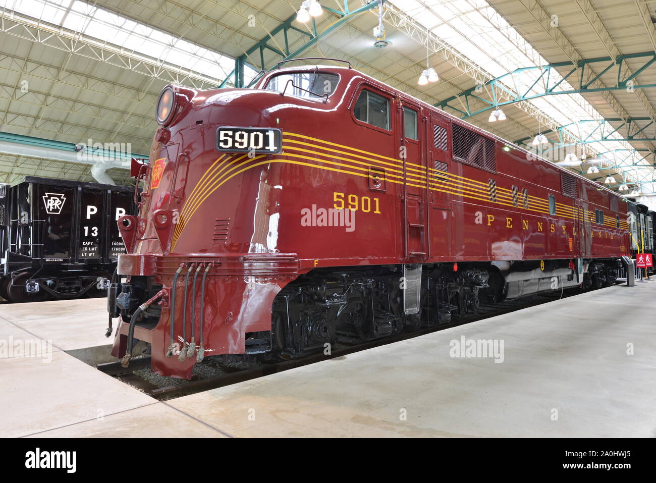The E7 was a 2,000-horsepower (1,500 kW), A1A-A1A passenger train locomotive built by General Motors' Electro-Motive Division of La Grange, Illinois. Stock Photo