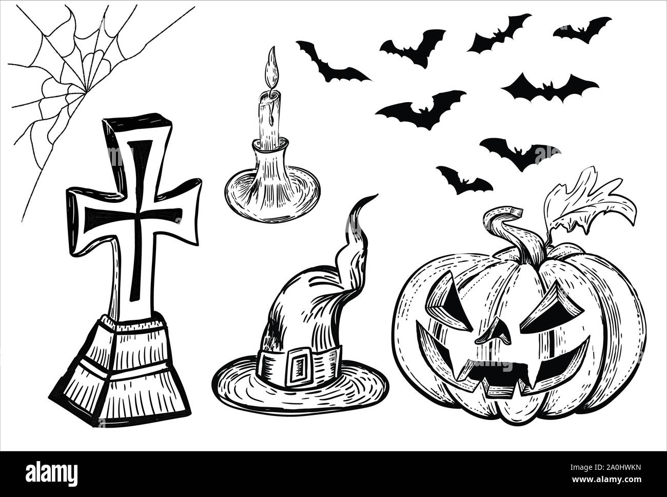 Halloween design template. Hand drawn design element. Vintage black and