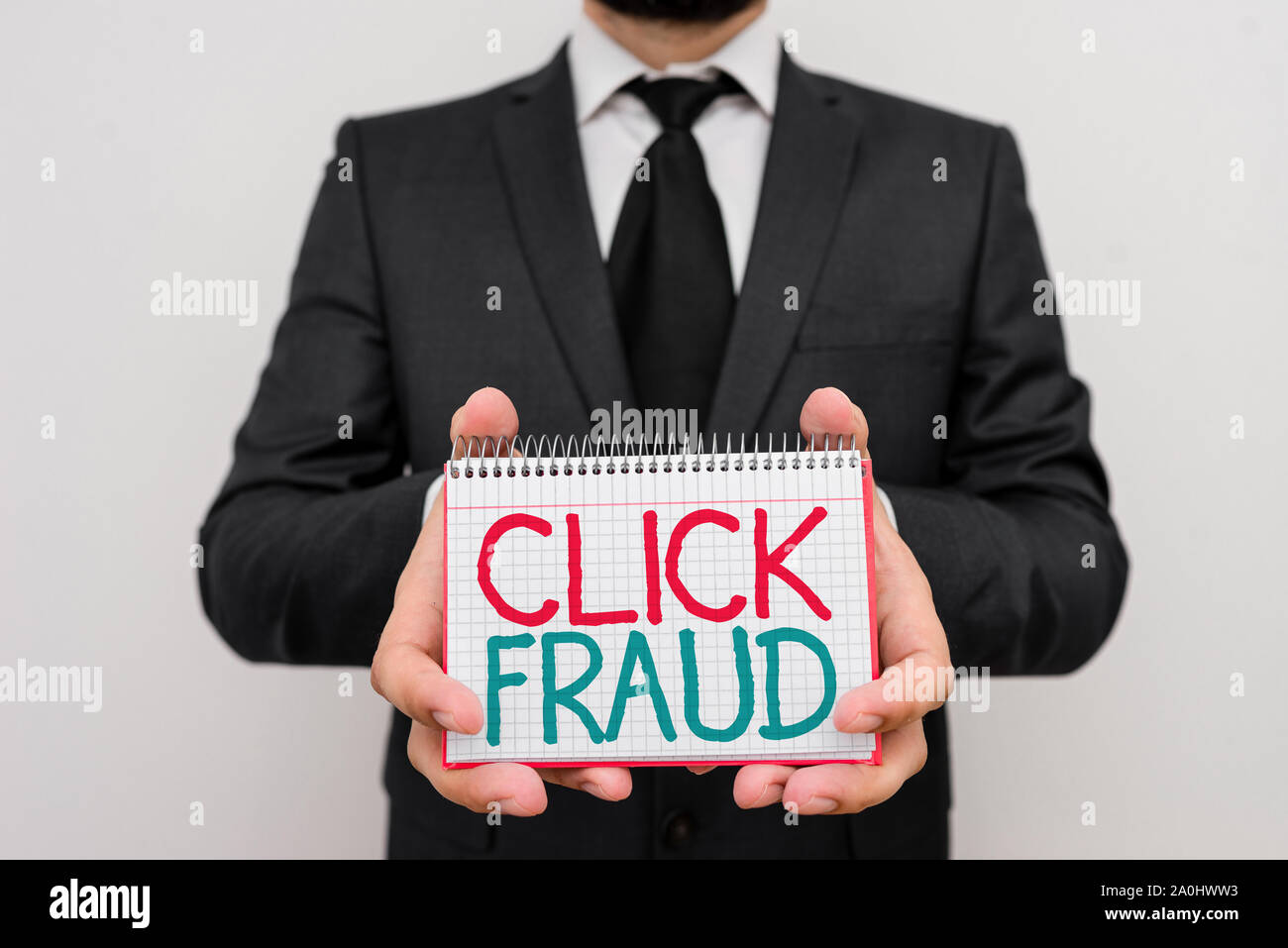 Conceptual hand writing showing Click Fraud. Concept meaning practice of repeatedly clicking on advertisement hosted website Stock Photo