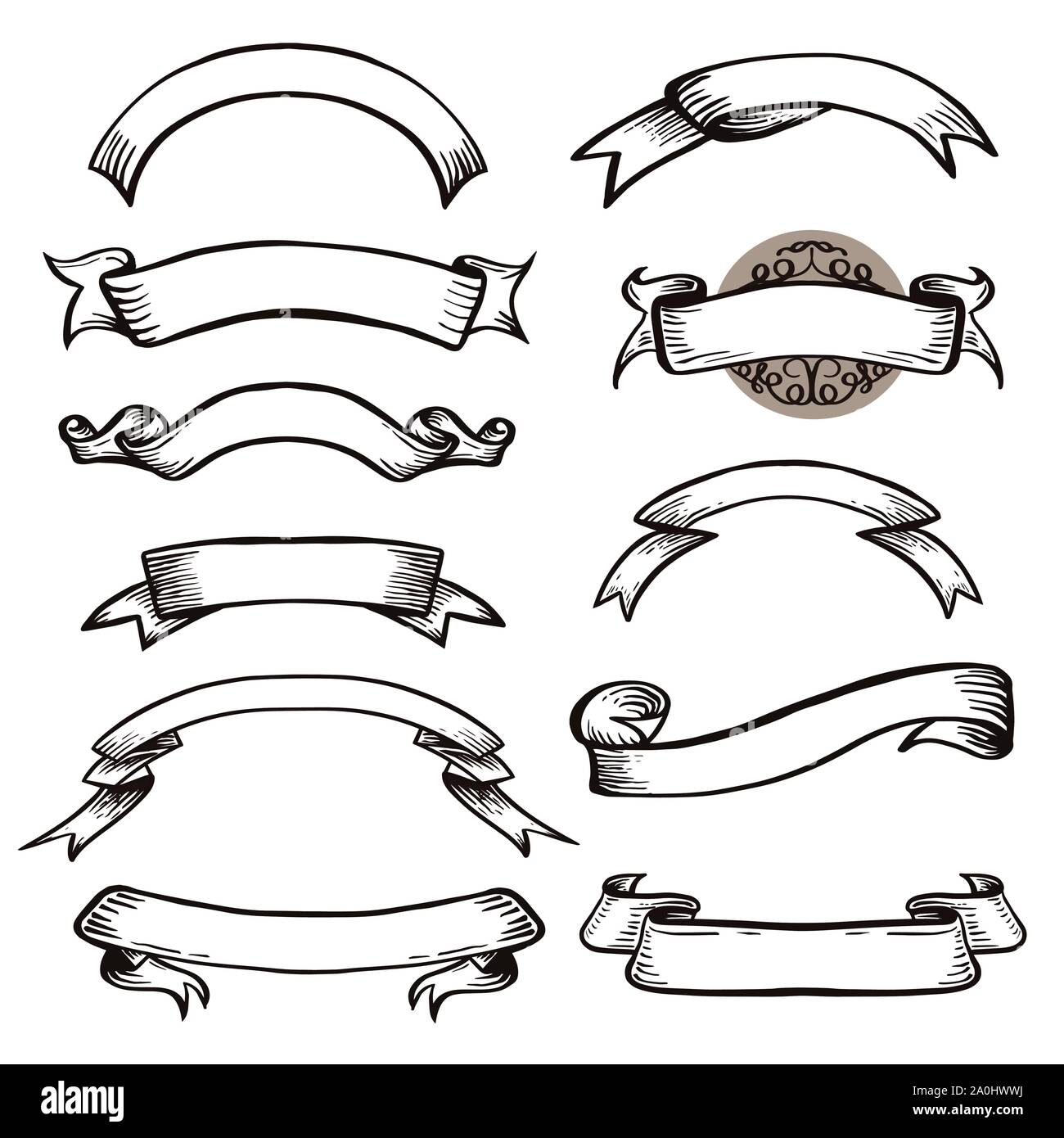 Vintage vector scroll ribbon. Hand drawn sketch elements for posters logos invitation cards, retro heraldic ribbons. Doodle swirl scrolls. Stock Vector