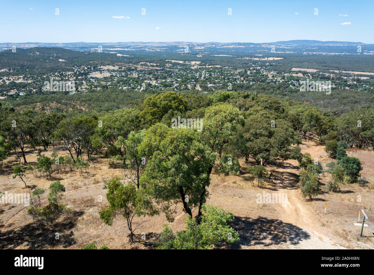 View over the surroundings of Maldon, Victoria, Australia, from the top of poppet-head lookout at Mt Tarrengower. Stock Photo