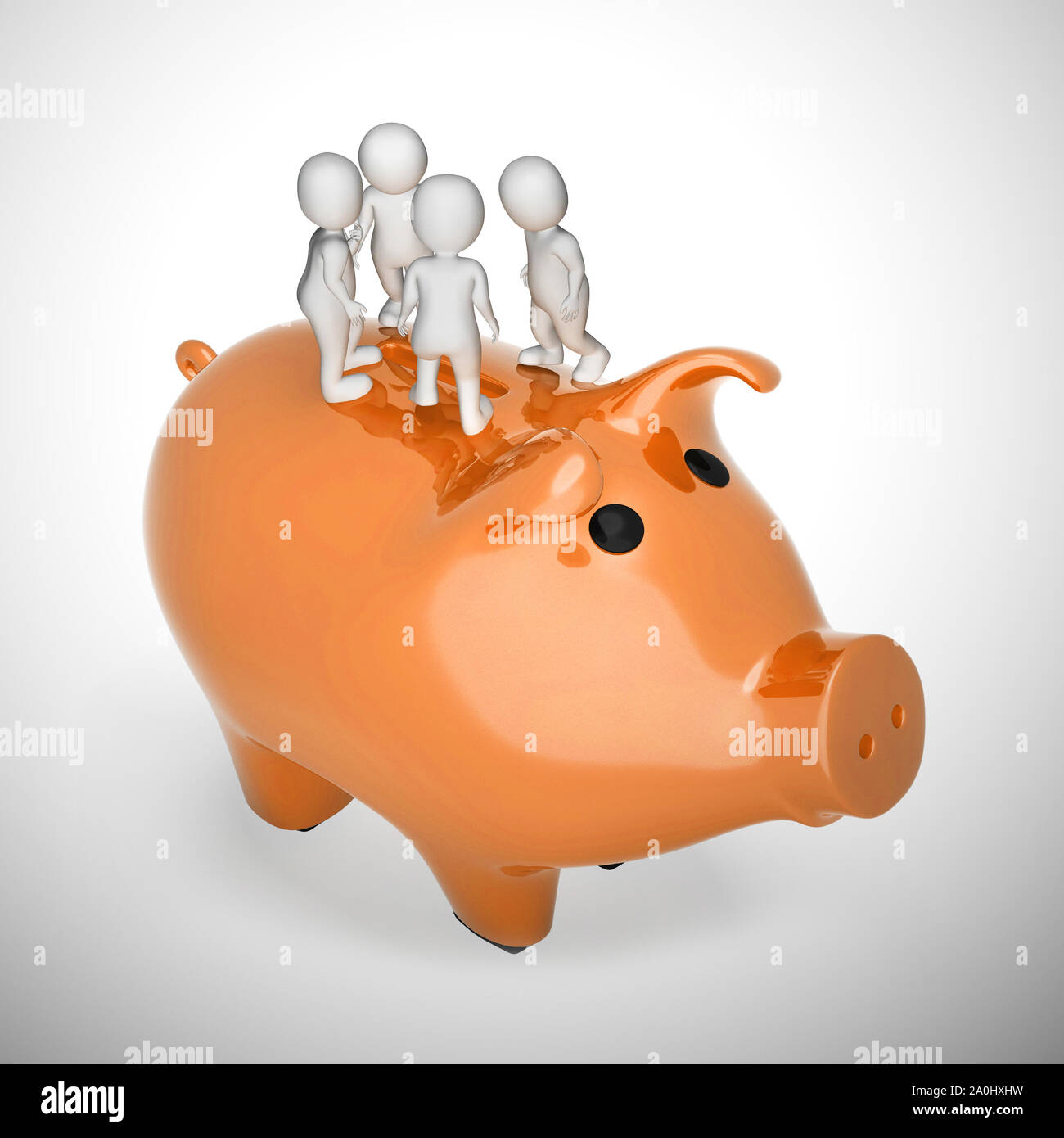Piggy bank on money box shows saving funds for a rainy day. Get rich and wealthy by putting away cash - 3d illustration Stock Photo