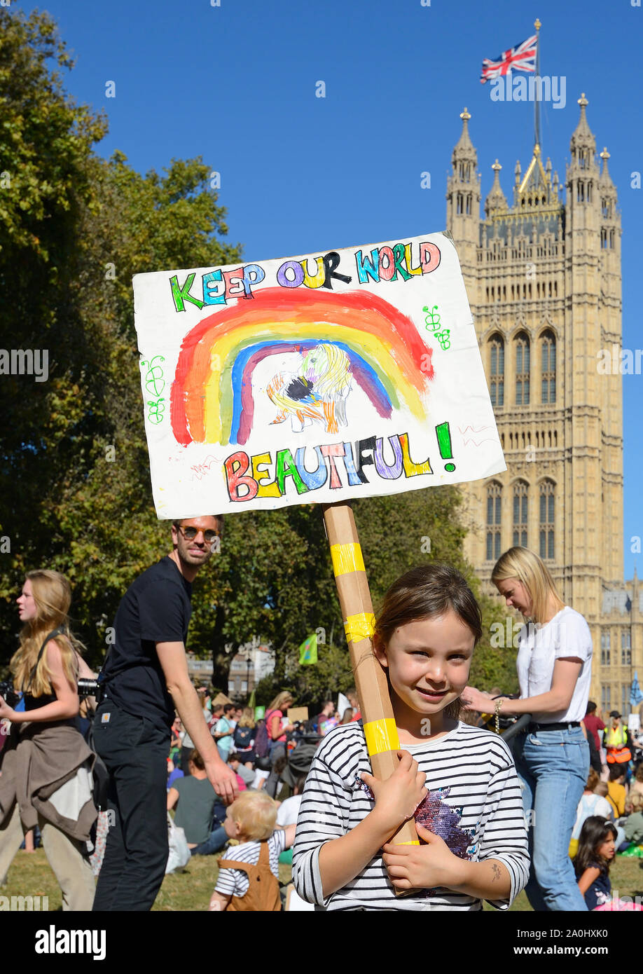 London, UK. 20th September 2019. The Global Climate Strike in London marches from Westminster, along the River Thames to Trafalgar Square. Stock Photo