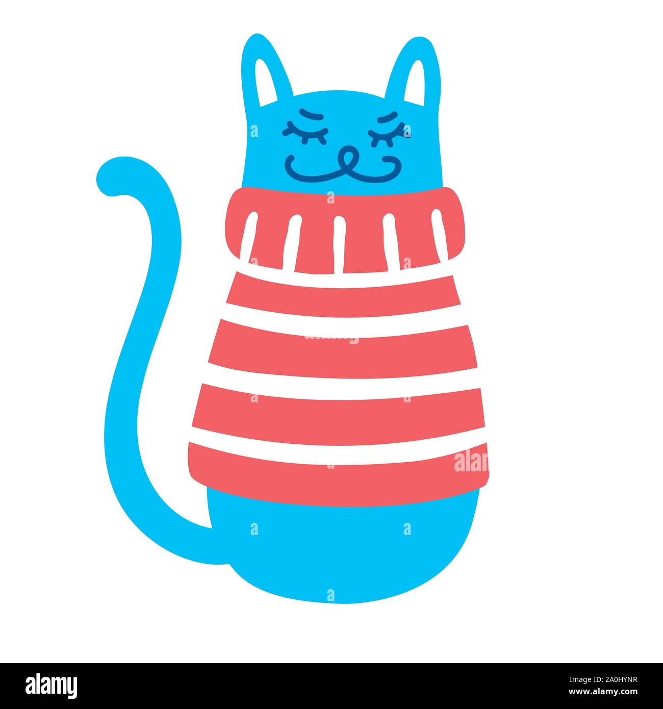 Happy blue cat in a red sweater, vector illustration isolated on white