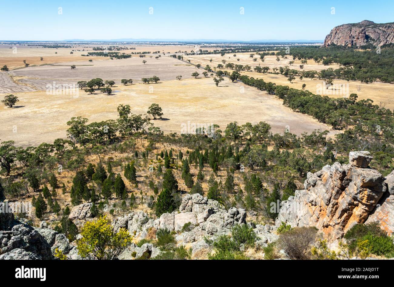 View of Arapiles plains from the summit of Mitre Rock in Victoria, Australia. Stock Photo