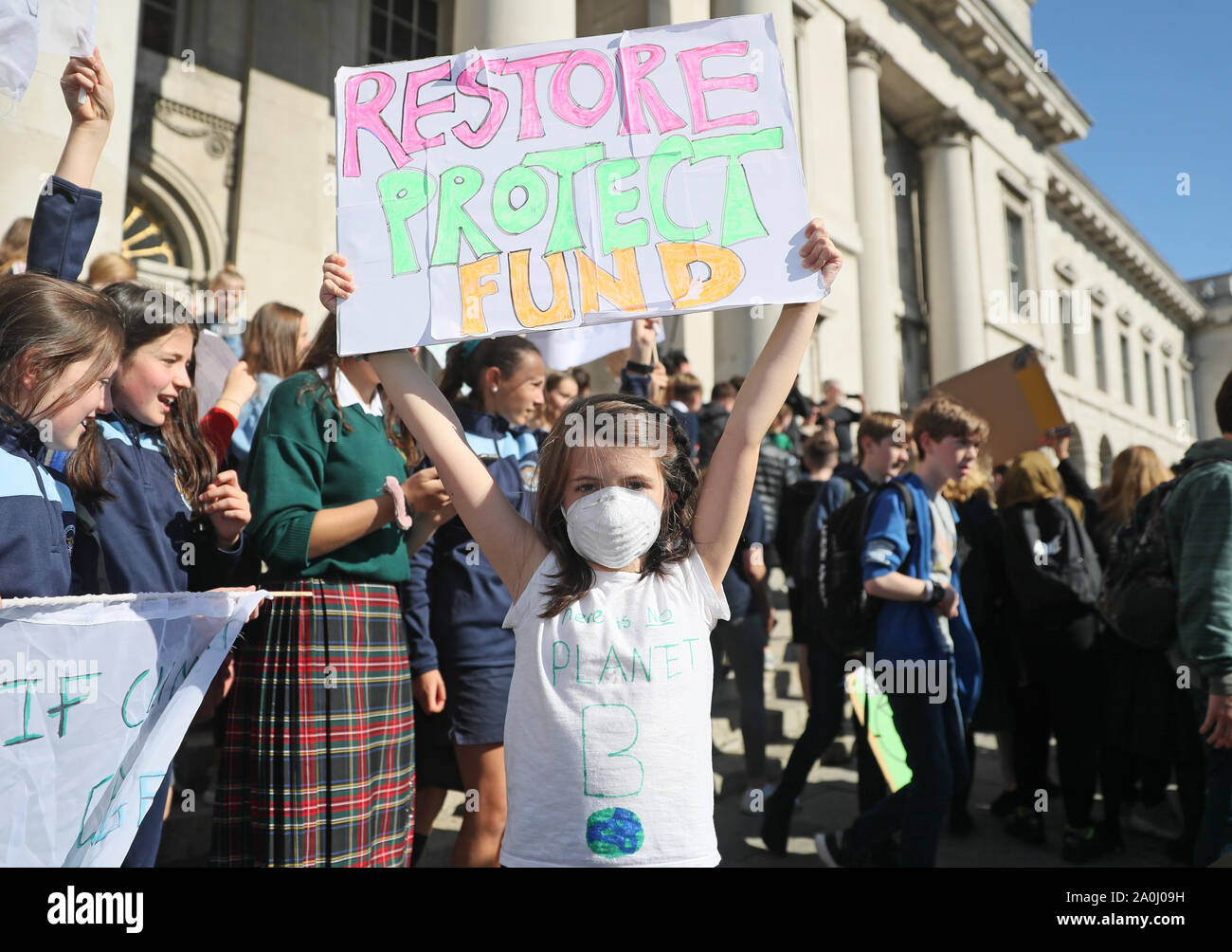 Sadhbh O'Connell , 10, from Scoil Mhuire School at a protest organised by Stop Climate Chaos Coalition in Dublin, Ireland. Stock Photo