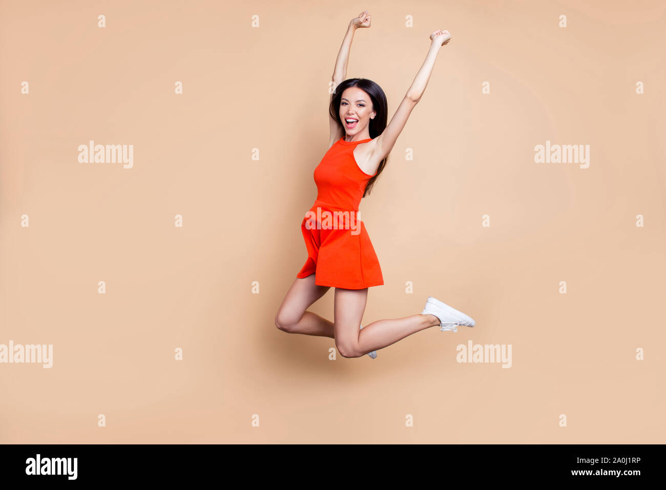 Full body length size photo portrait of mad cheerful ecstatic re Stock Photo