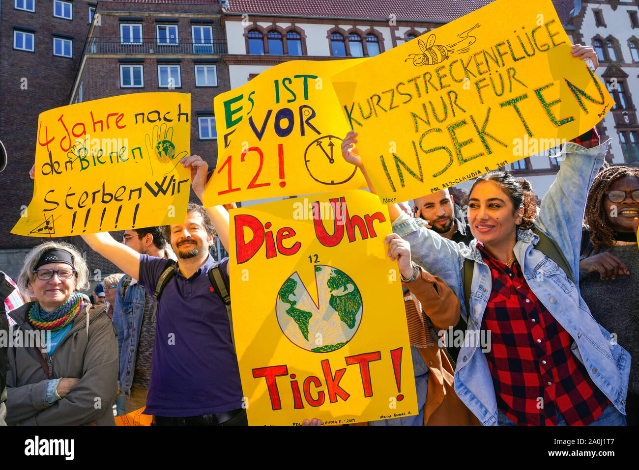 Dortmund/Germany, 20.Sept.2019: Participants with their posters at the Fridays for Future demonstration on the Global Climate Change Day in Dortmund, Germany   ---   Dortmund, 20.09.2019: Teilnehmer mit ihren Plakaten bei der  Fridays for Future-Demonstration am weltweiten Tag des Klimaschutzes in Dortmund, Deutschland Stock Photo