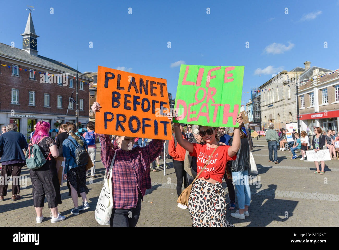 Truro, Cornwall, UK. 20th September, 2019.  Students  taking part in a mass demonstration by Extinction Rebellion in Truro City Centre;  The demonstration is part of the coordinated world wide demonstrations demanding action over climate change.  Gordon Scammell/Alamy Live News Stock Photo