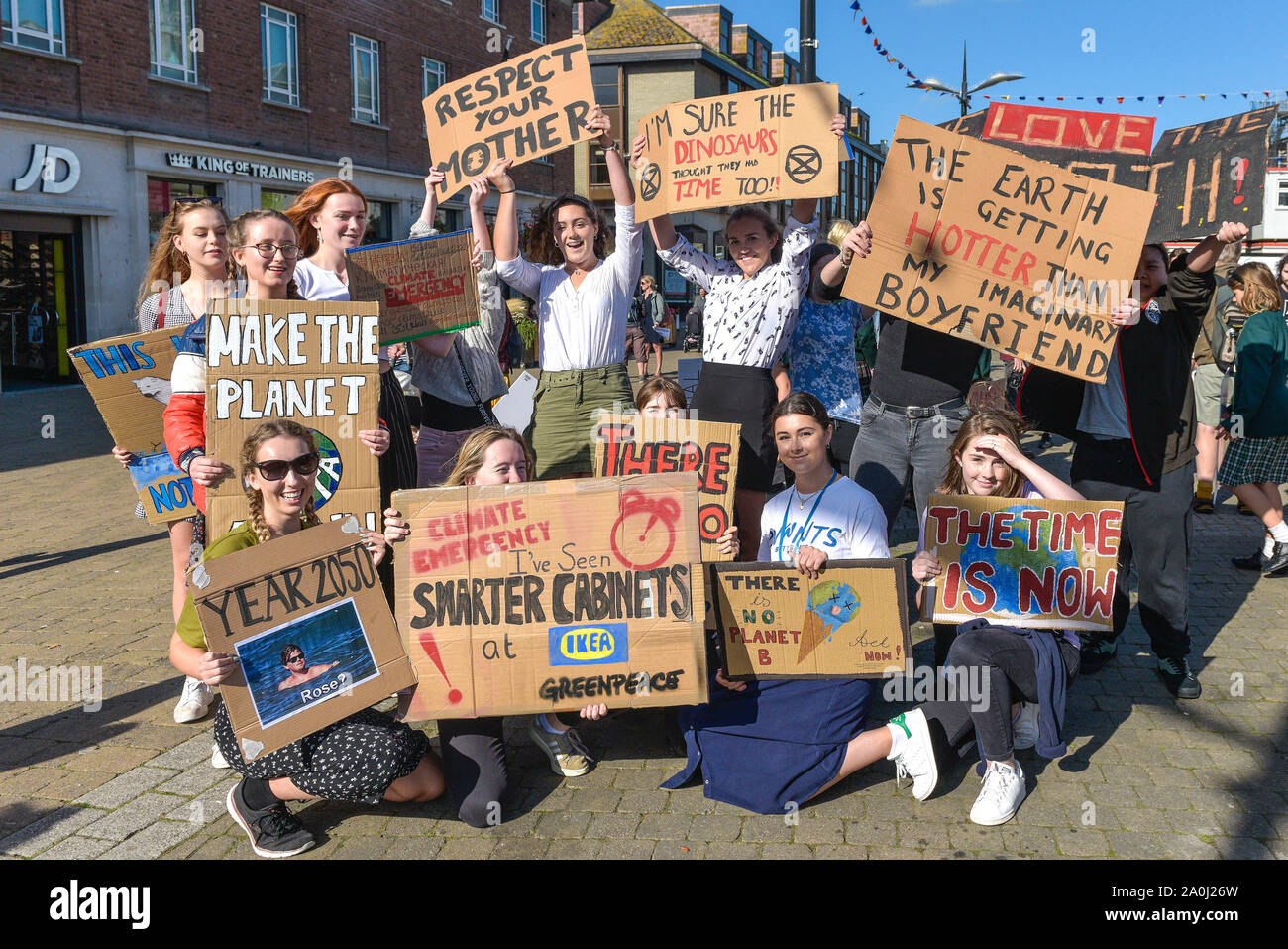 Truro, Cornwall, UK. 20th September, 2019.  Students from schools and colleges took a day off from their studies to take part in a mass demonstration by Extinction Rebellion in Truro City Centre;  The demonstration is part of the coordinated world wide demonstrations demanding action over climate change.  Gordon Scammell/Alamy Live News Stock Photo