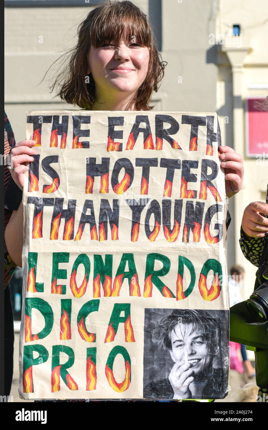 Truro, Cornwall, UK. 20th September, 2019.  Amusing placards in a mass demonstration by Extinction Rebellion in Truro City Centre;  The demonstration is part of the coordinated world wide demonstrations demanding action over climate change.  Gordon Scammell/Alamy Live News Stock Photo