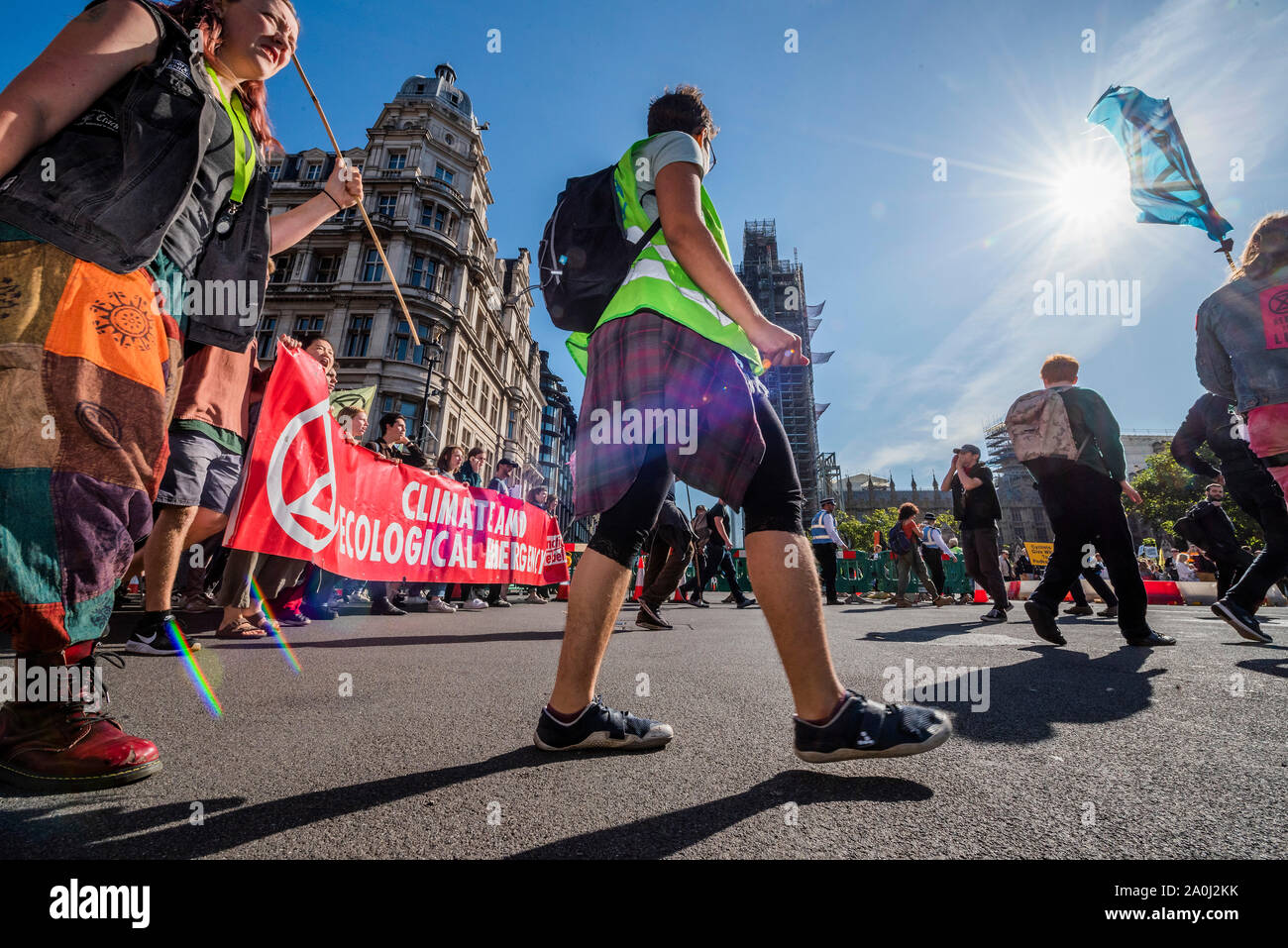 London, UK. 20th Sep, 2019. Students march from Kings College - A general strike for Climate Justice, attended by school children, students and adults, is organised by Extinction Rebellion, Greenpeace, Save the Earth and other groups campaigning for the environment. They are again highlighting the climate emergency, with time running out to save the planet from a climate disaster. This is part of the ongoing ER and other protests to demand action by the UK Government on the 'climate crisis'. The action is part of an international co-ordinated protest. Credit: Guy Bell/Alamy Live News Stock Photo