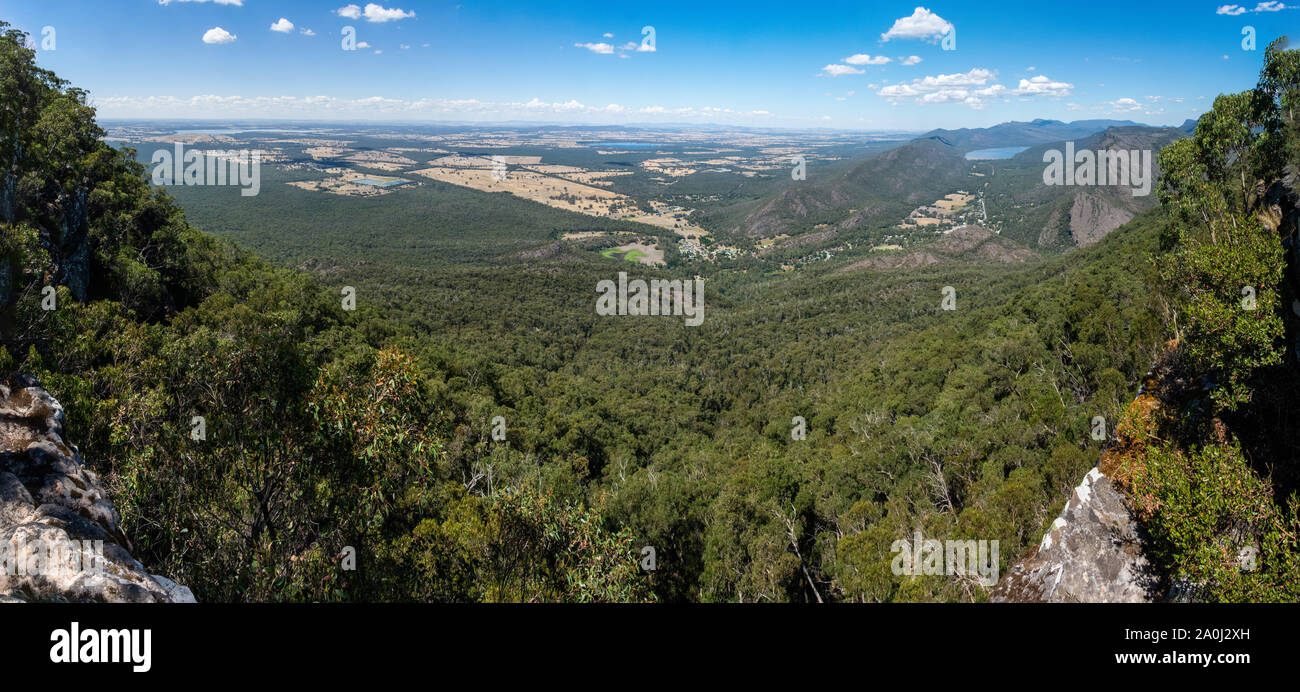 View over Halls Gap and Lake Bellfield from Boroka Lookout in Victoria, Australia. Stock Photo