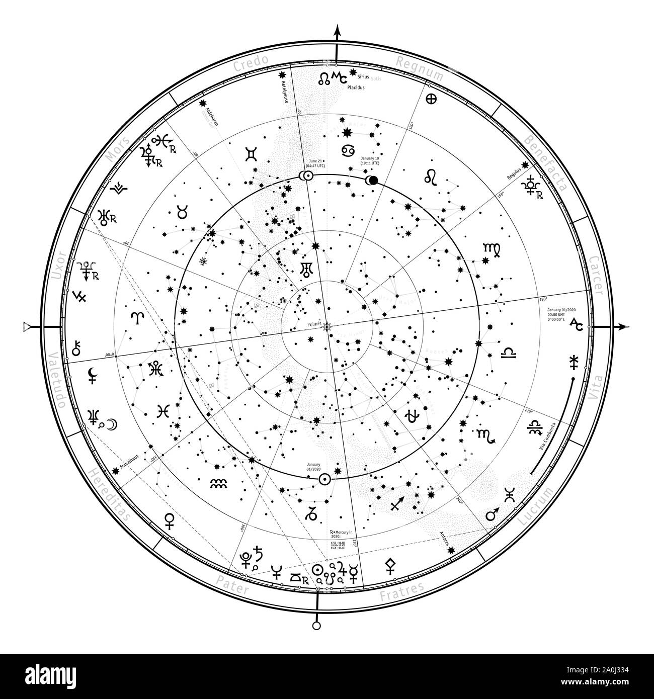 Astrological Celestial Map of The Northern Hemisphere. The General Global Universal Horoscope on January 1, 2020 (00:00 GMT). Detailed sky chart. Stock Photo