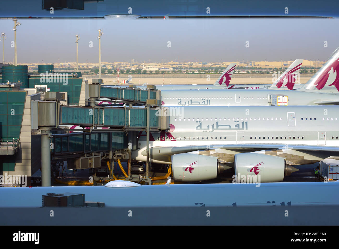 DOHA, QATAR -17 JUN 2019- View of airplanes from Qatar Airways (QR) at ...