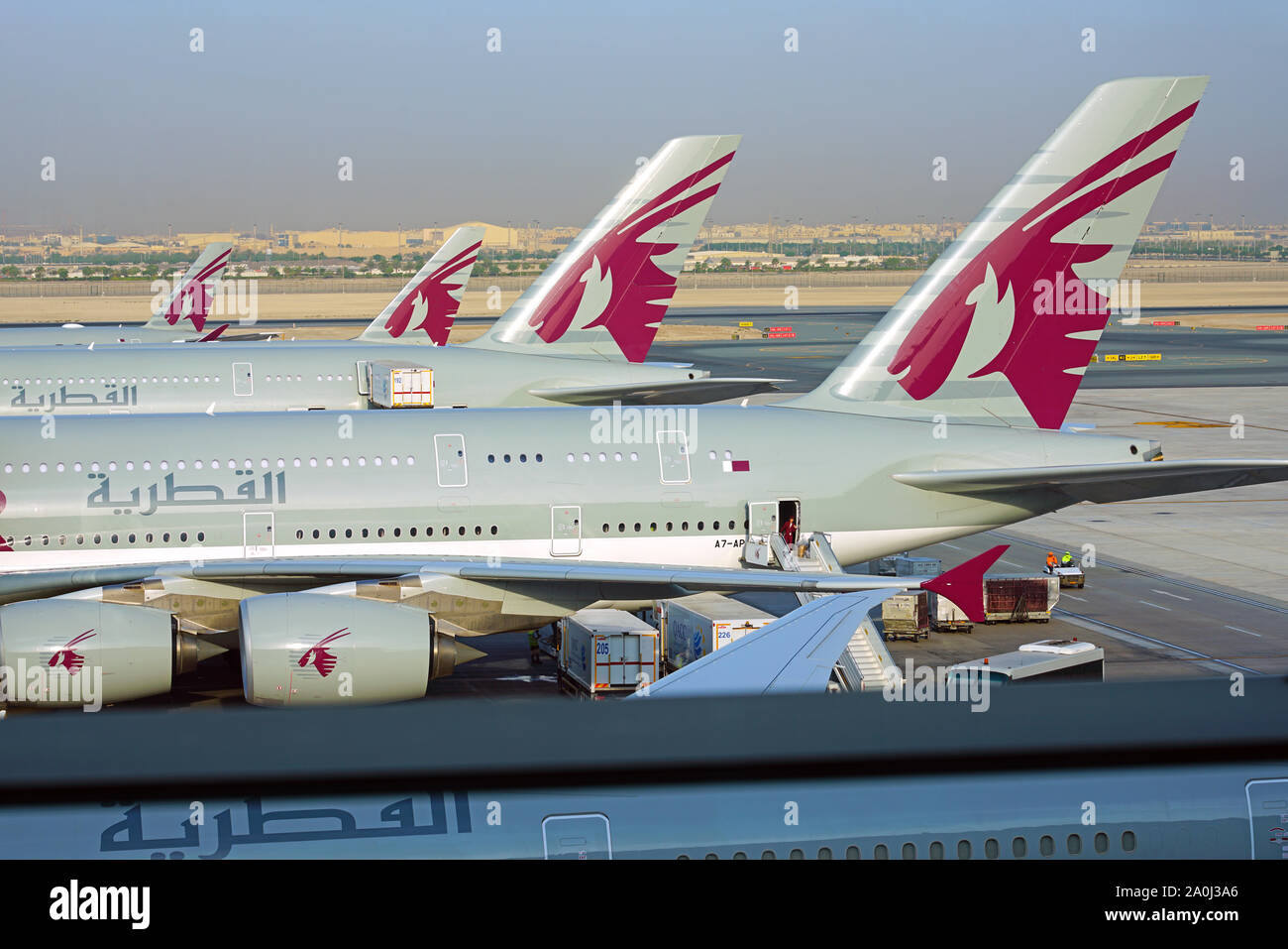 DOHA, QATAR -17 JUN 2019- View of airplanes from Qatar Airways (QR) at ...