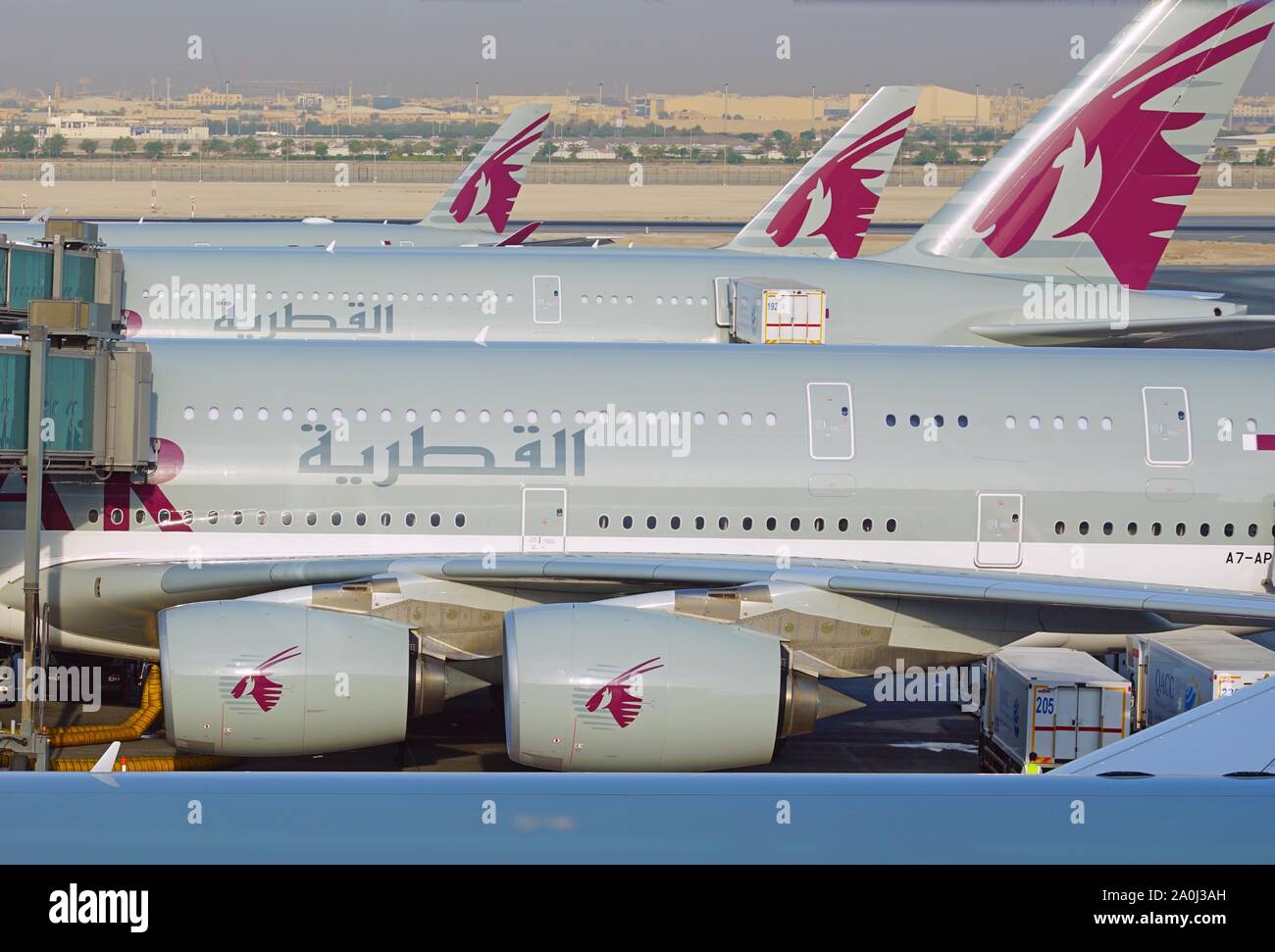 DOHA, QATAR -17 JUN 2019- View of airplanes from Qatar Airways (QR) at ...