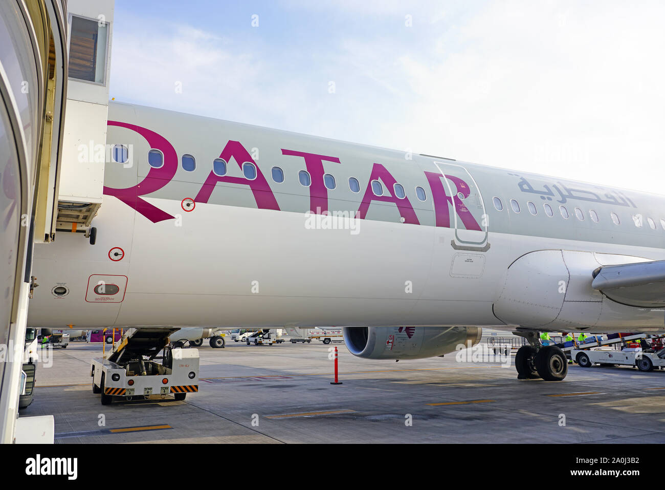 DOHA, QATAR 17 JUN 2019 View of airplanes from Qatar Airways (QR) at