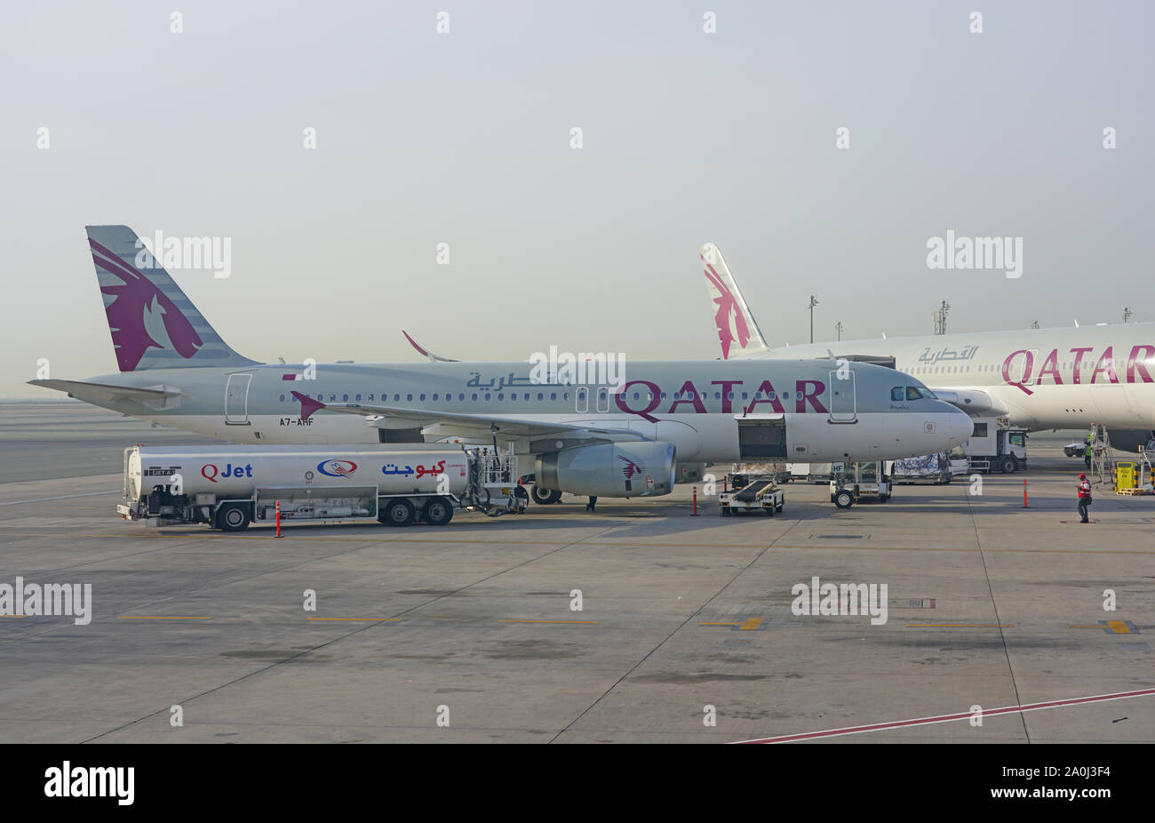 DOHA, QATAR -17 JUN 2019- View of airplanes from Qatar Airways (QR) at ...