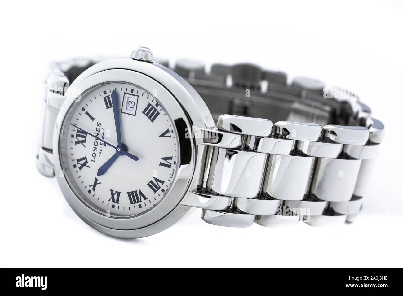 Saint-Imier, Switzerland September 15 2019 - Longines PrimaLuna 30mm women  Stainless Steel swiss made luxury wrist watch close-up macro shot isolated  Stock Photo - Alamy