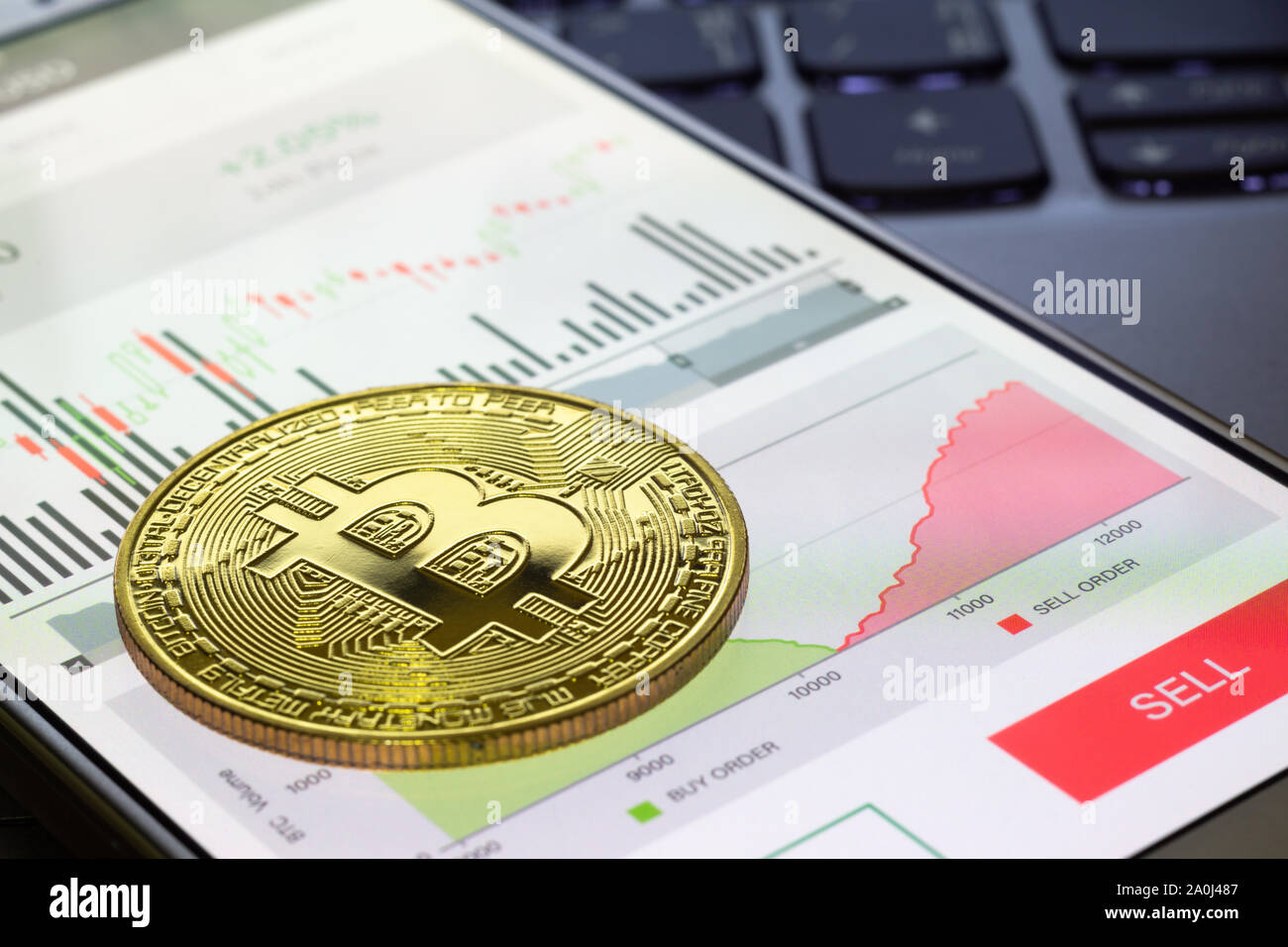 Smartphone with Bitcoin chart and golden bitcoins on 100 dollar bills.  Bitcoin trading concept Stock Photo - Alamy