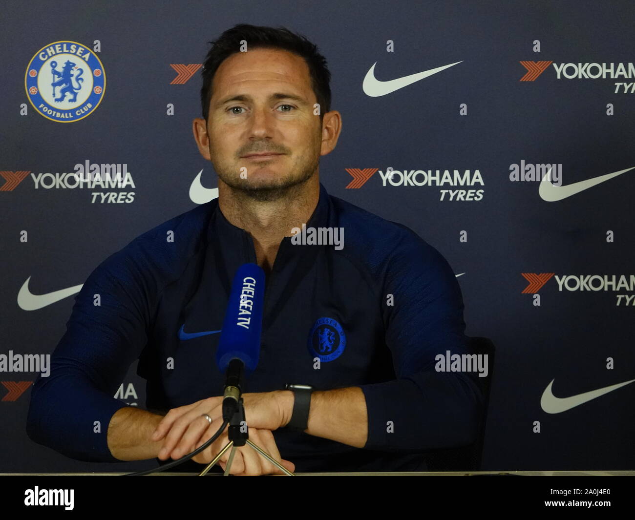 Surrey Uk Frank Lampard Chelsea Football Club Manager Addresses The Press About His Gteam S Premier League Match Against Liverpool Fc On Sunday Credit Motofoto Alamy Live News Stock Photo Alamy