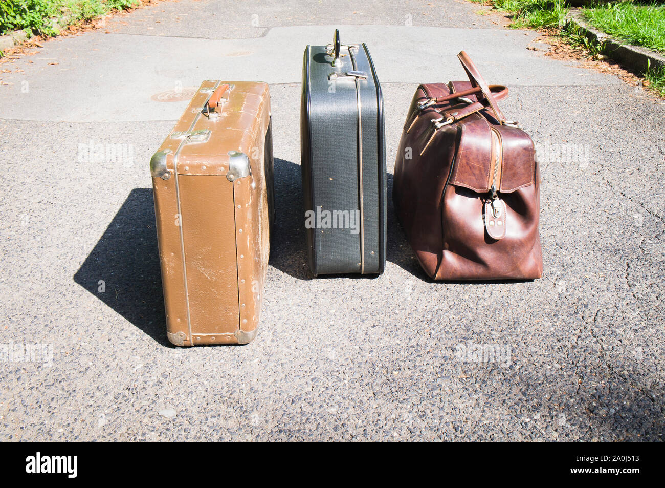 old brown and blue grey travel cardboard suitcase, luggage vintage
