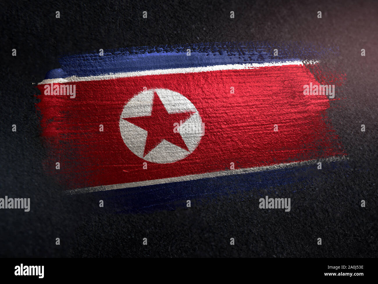 North Korea Flag Made of Metallic Brush Paint on Grunge Dark Wall Stock