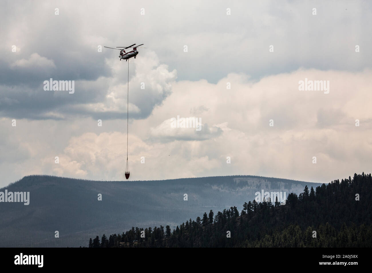 A Chinook helicopter carries water to drop on a Colorado forest fire Stock Photo