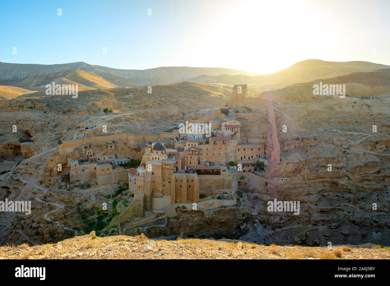 Palestine, West Bank, Bethlehem Governorate, Al-Ubeidiya. Mar Saba monastery, built into the cliffs of the Kidron Valley in the Judean Desert. Stock Photo