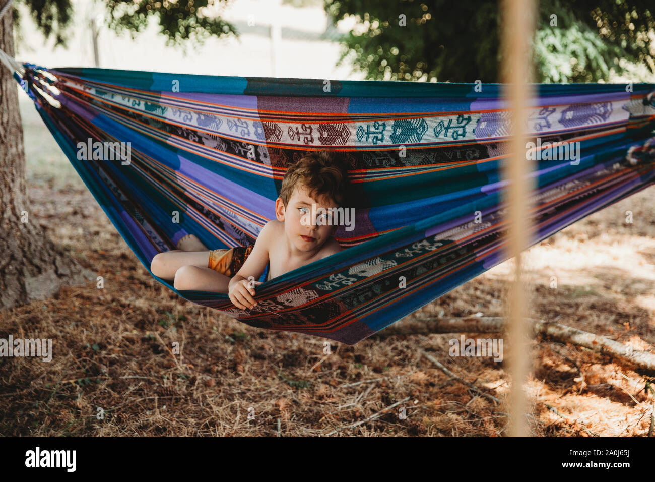 Portrait of a child lying in a hammock Stock Photo Alamy