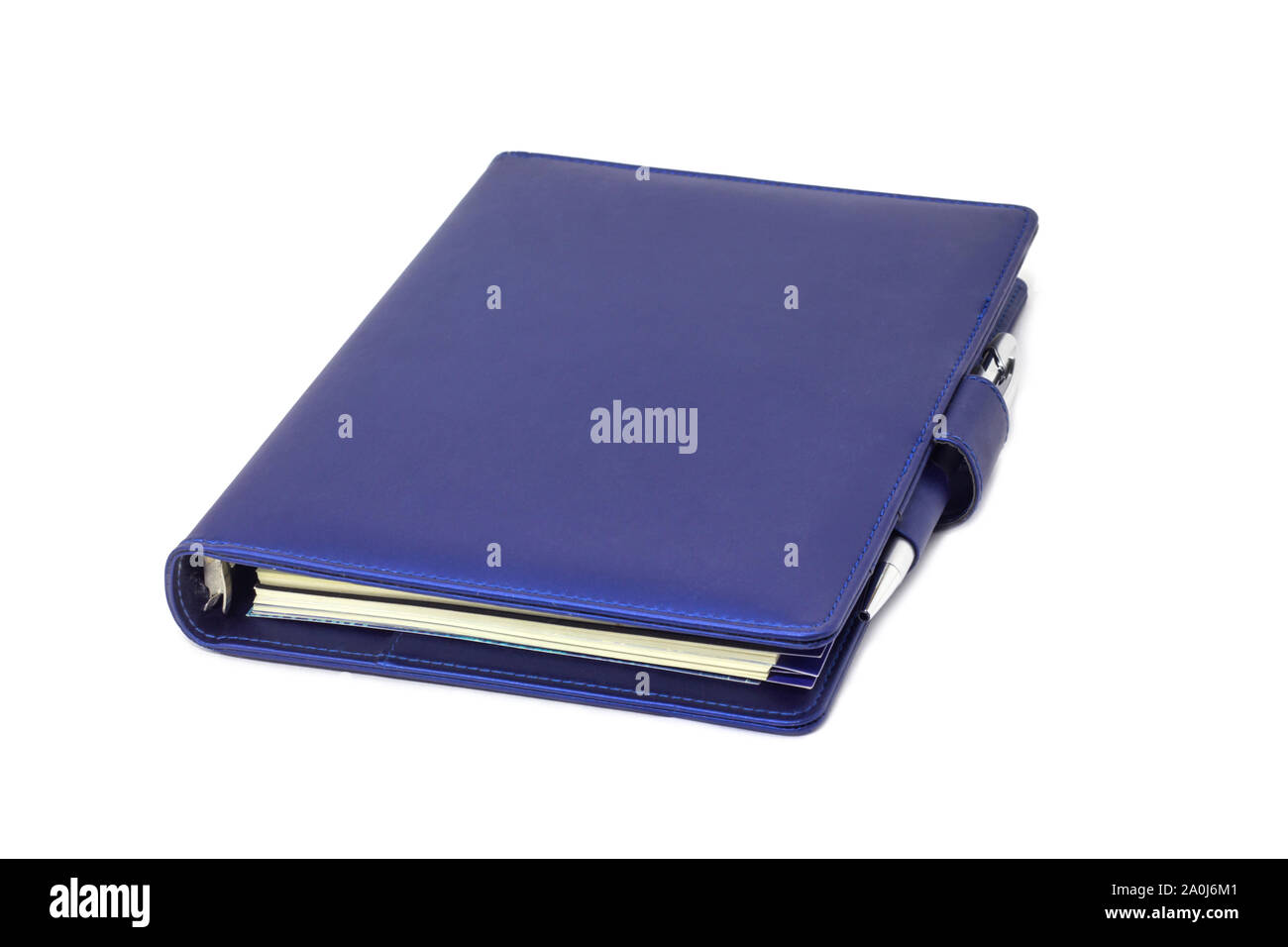 Blue collar diary and pen placed on cover and white background. Stock Photo