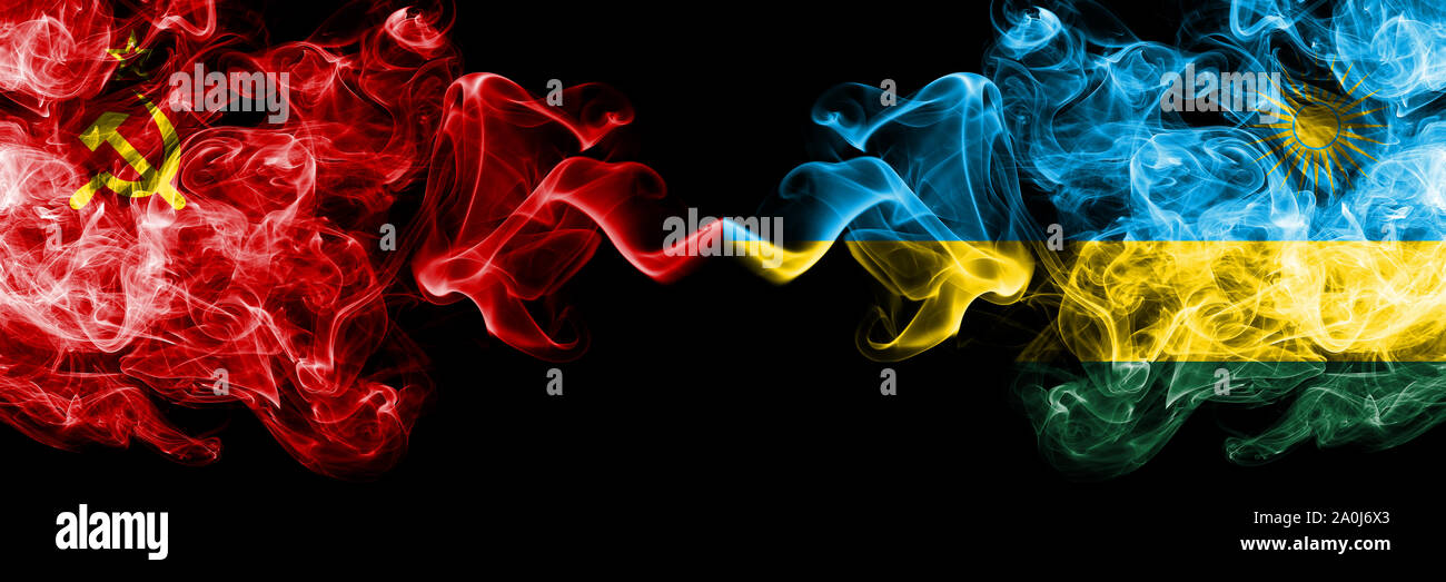 Communist vs Rwanda, Rwandan abstract smoky mystic flags placed side by ...
