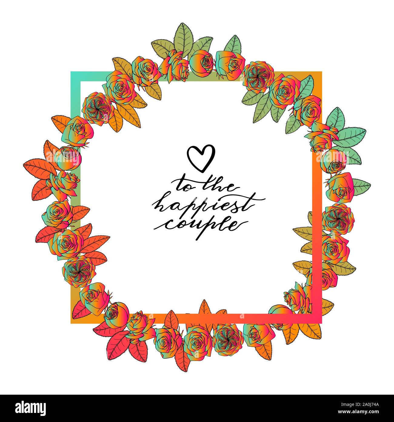 Hand drawn doodle style rose flowers wreath around square frame. floral ...