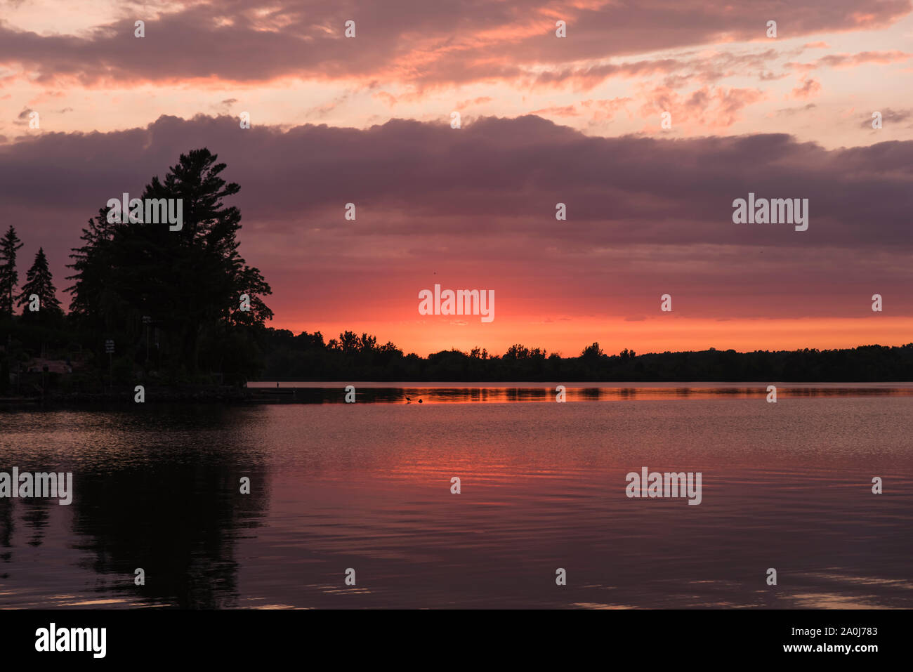 Beautiful colors of sunset on a lake with trees on the horizon. Stock Photo