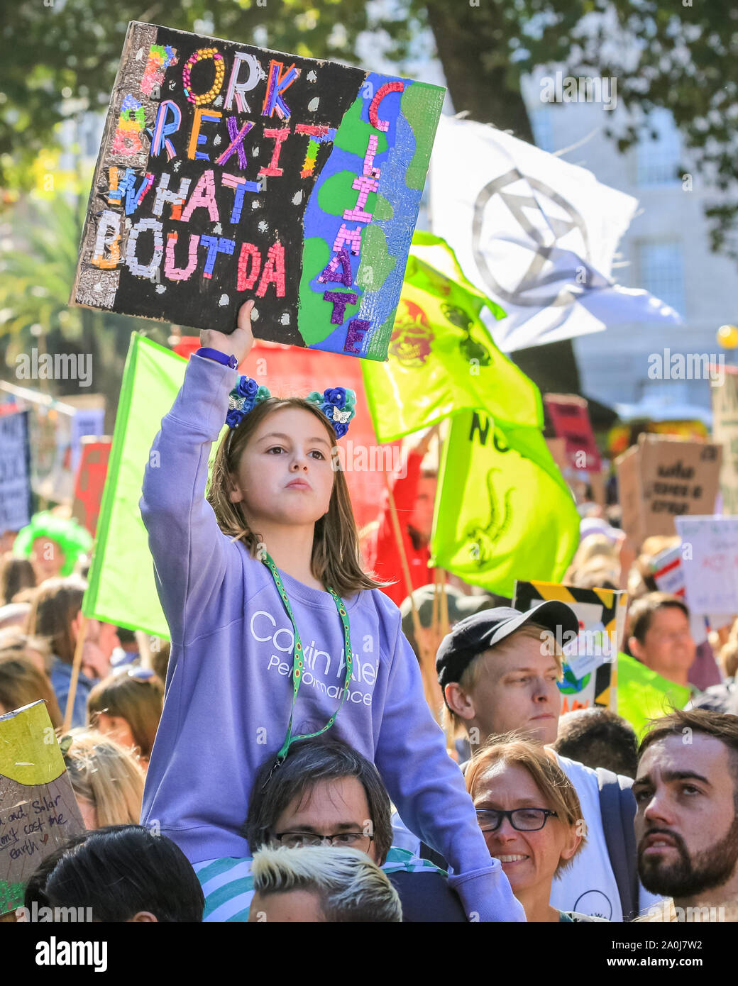 Westminster, London, UK, 20th Sep 2019. Tens of thousands of children, young people and adults protest for climate action and against the causes of climate change in the British capital. Many similar protests take place in cities around the world in a day of global climate action in an event sparked by the young campaigner Greta Thunberg who attends the global climate strike in New York. Credit: Imageplotter/Alamy Live News Stock Photo