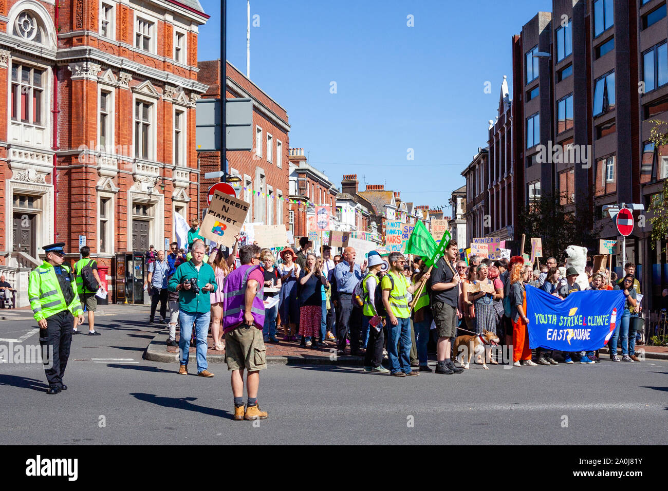 Eastbourne, UK. 20th September, 2019. Global Climate protest took place in Eastbourne and across the country bringing the town to a standtill. Credit: Stock Photo