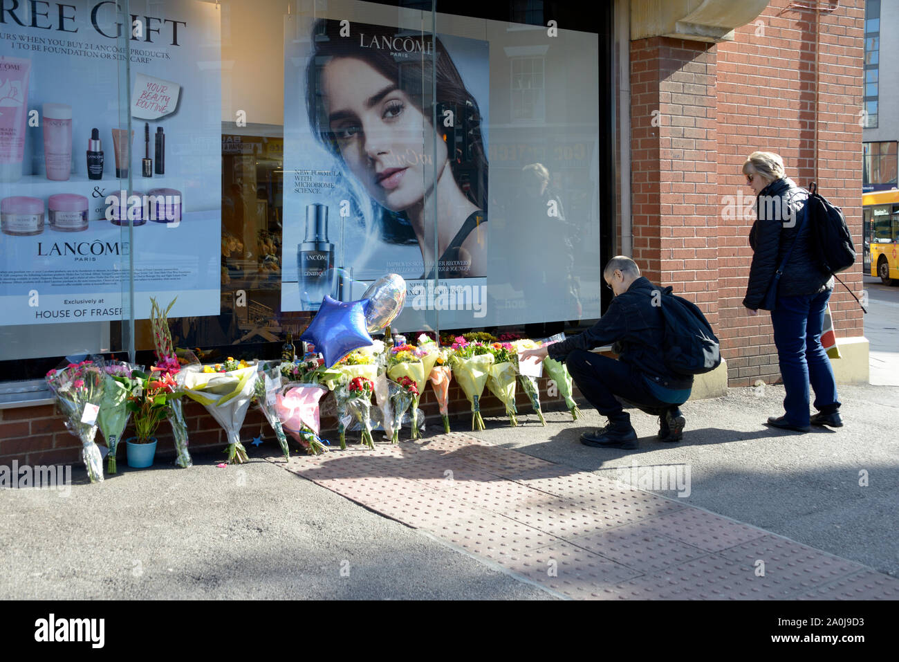 Flowers at the scene of the most recent fatal stabbing, in Nottingham. Stock Photo