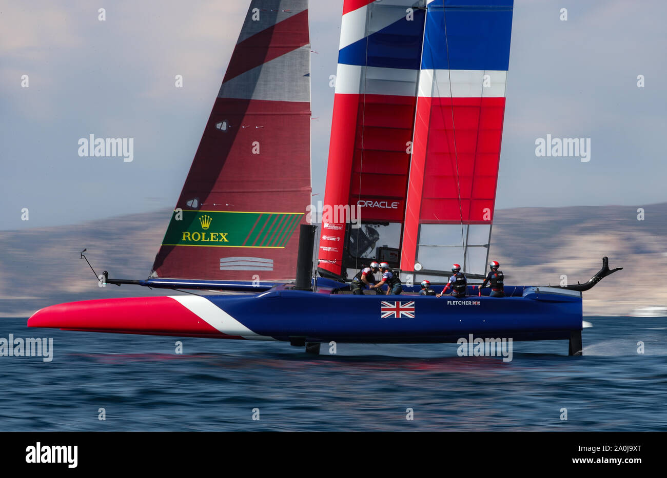 Great Britain SailGP Team helmed by Dylan Fletcher in action on the Rade de Marseille as they warm ahead of the first race on Race Day 1. The final SailGP event of Season 1 in Marseille, France. Stock Photo