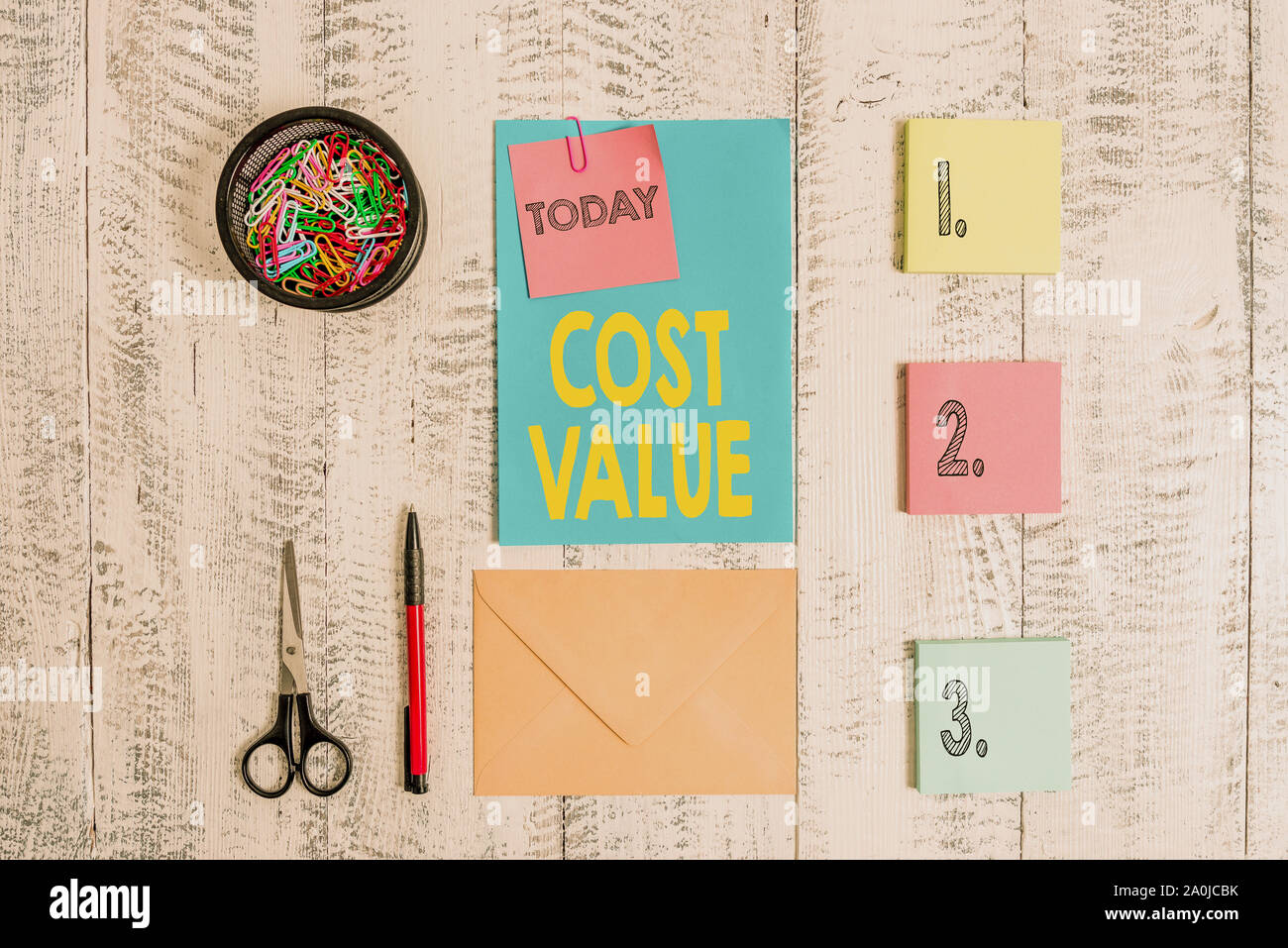 Word writing text Cost Value. Business photo showcasing The amount that usualy paid for a item you buy or hiring a demonstrating Envelope letter stick Stock Photo