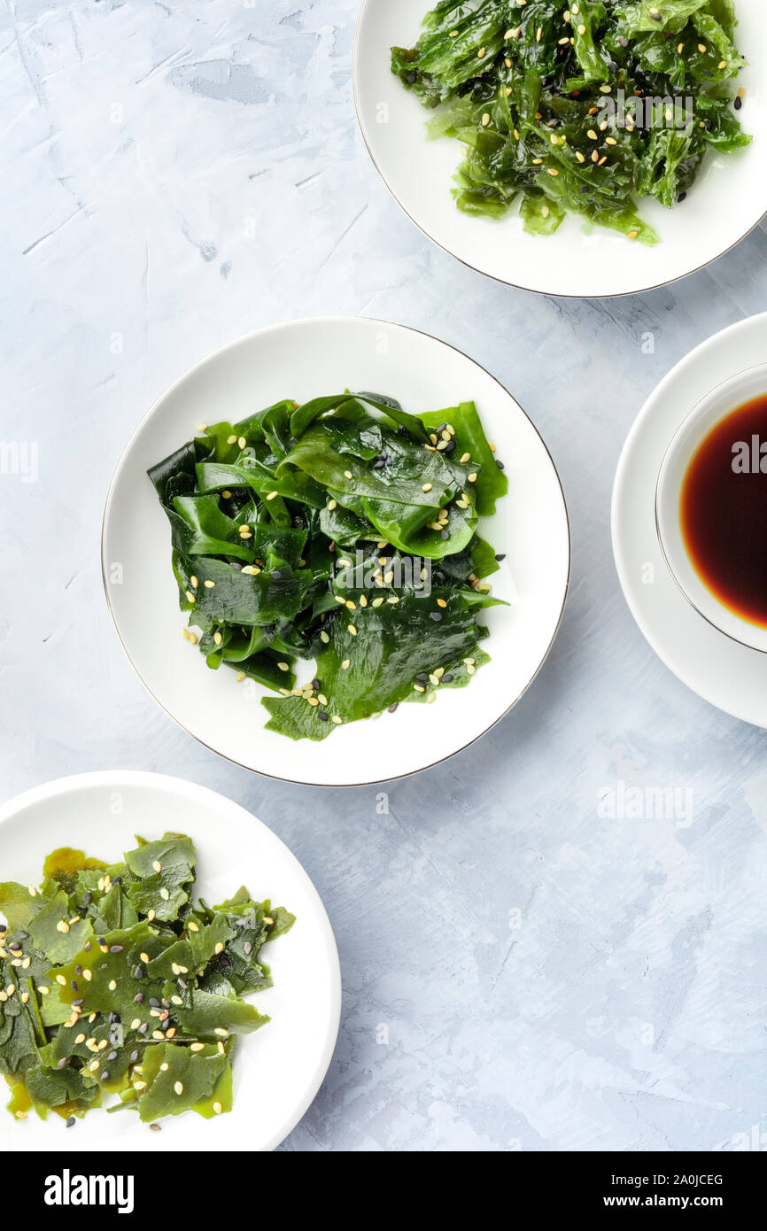 Various seaweed, sea vegetables, overhead shot with copyspace. Superfoods background Stock Photo