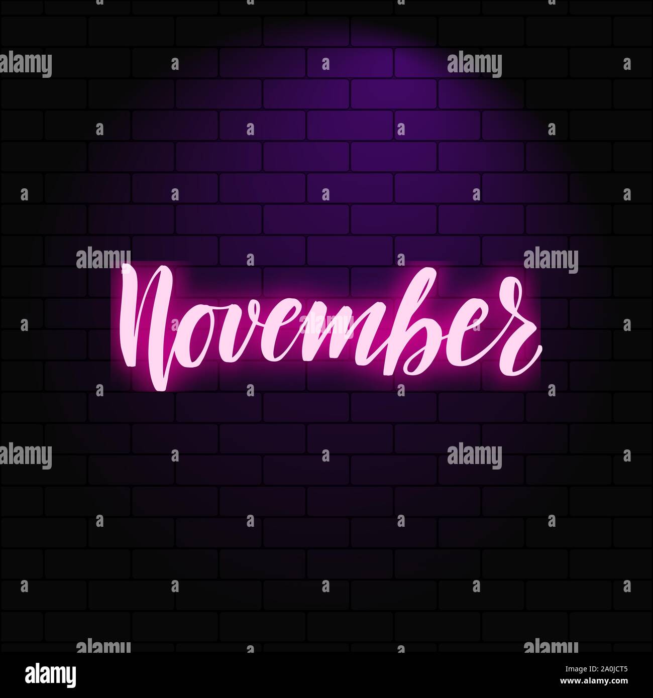 Neon glowing lettering on a brick wall background Stock Vector