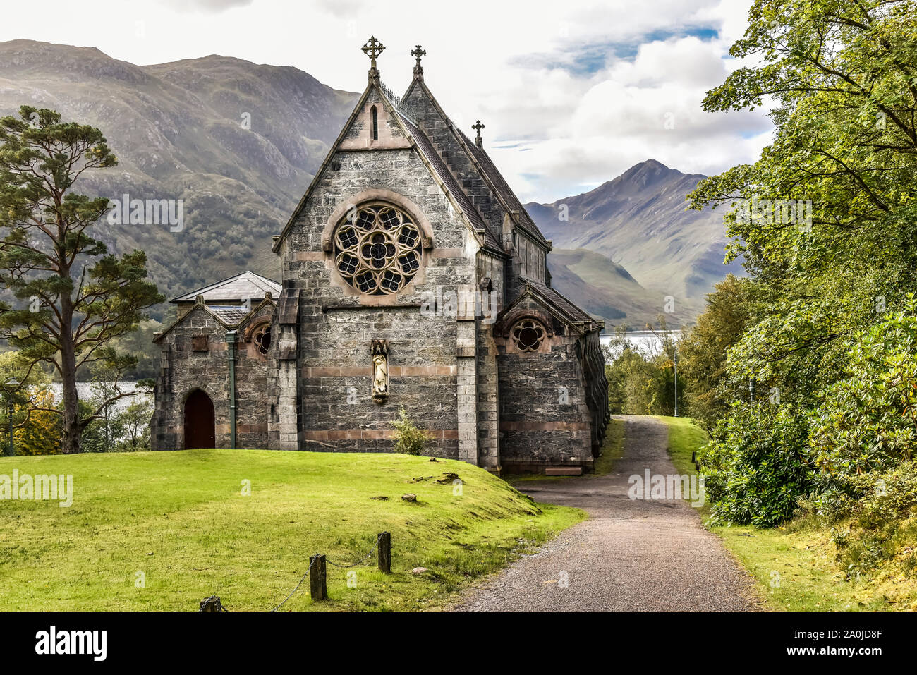 The picturesque rural church of St Mary and St Finnan near the Glen Finnan Memorial in the Western Highlands of Scotland Stock Photo