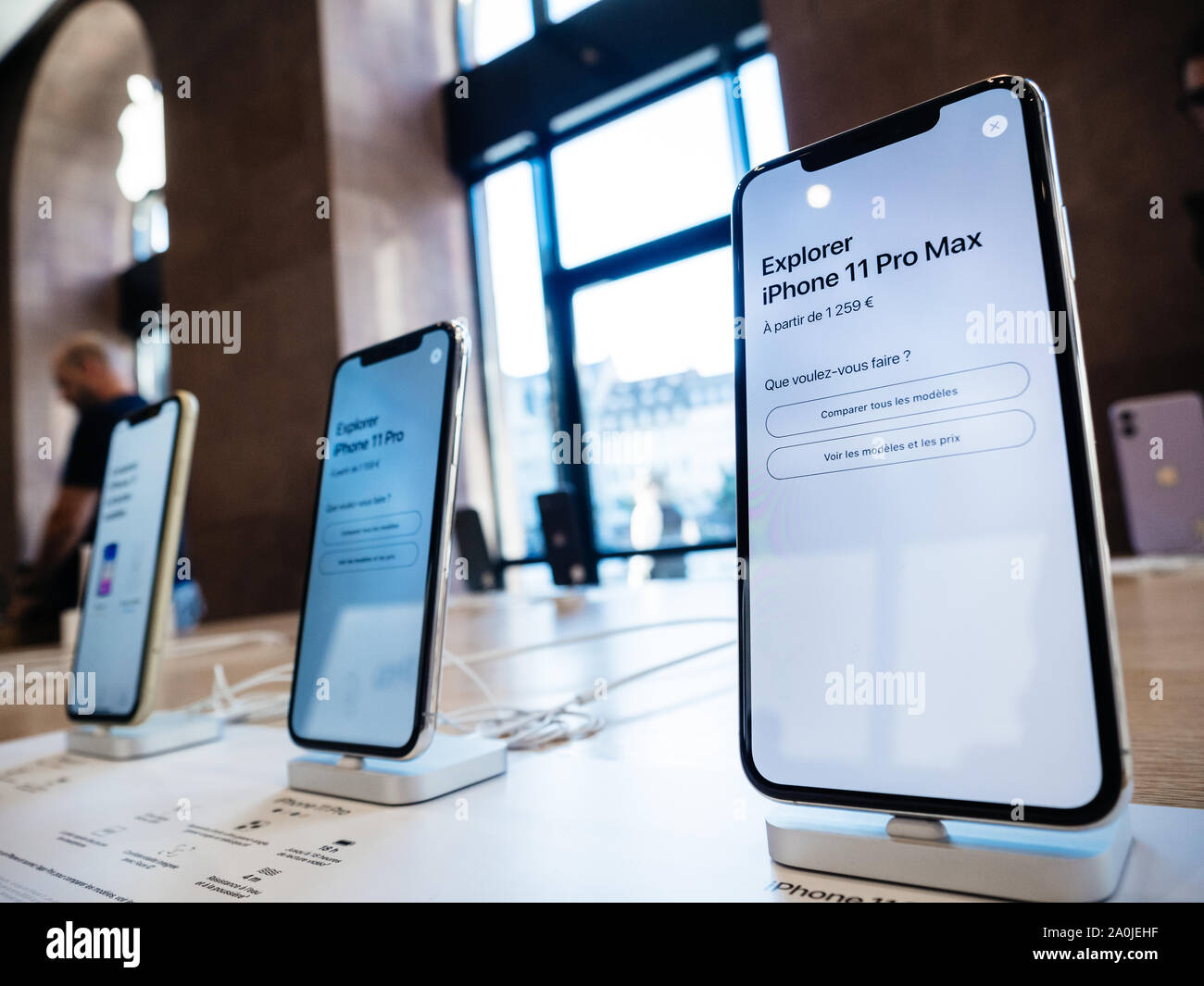 Paris, France - Sep 20, 2019: The new iPhone 11, 11 Pro and Pro Max are  displayed as the smartphone by Apple Computers goes on sale Pro Max  starting price of 1259 euros Stock Photo - Alamy
