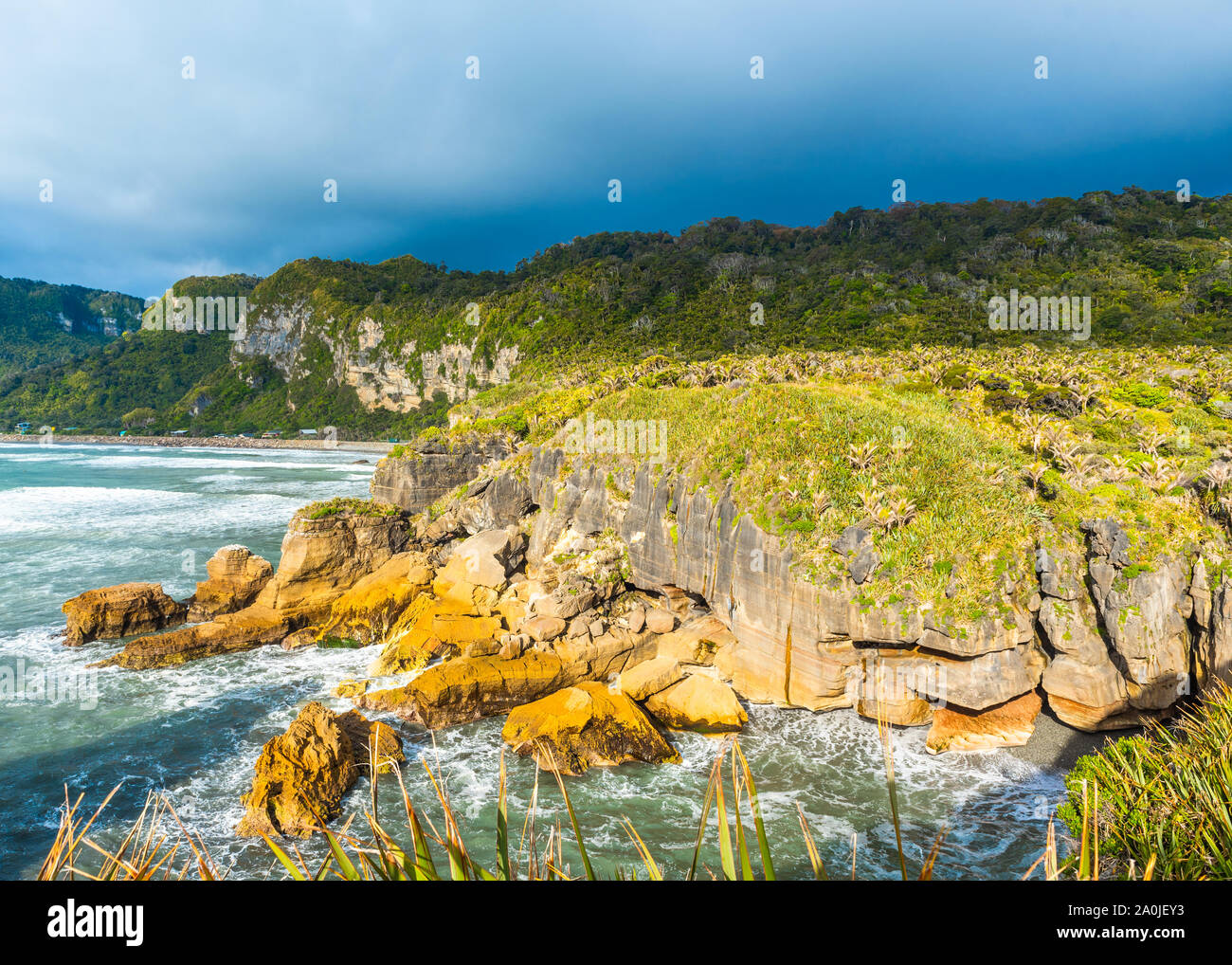 View of pancake rocks in Punakaiki, South island, New Zealand Stock