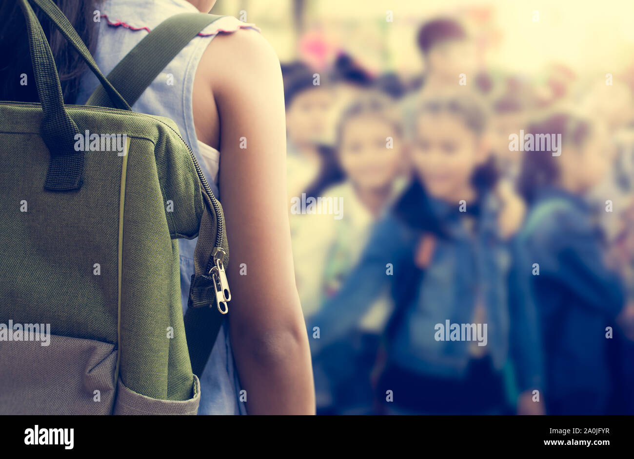 Girl with backpack attend school activities, Education concept. Stock Photo